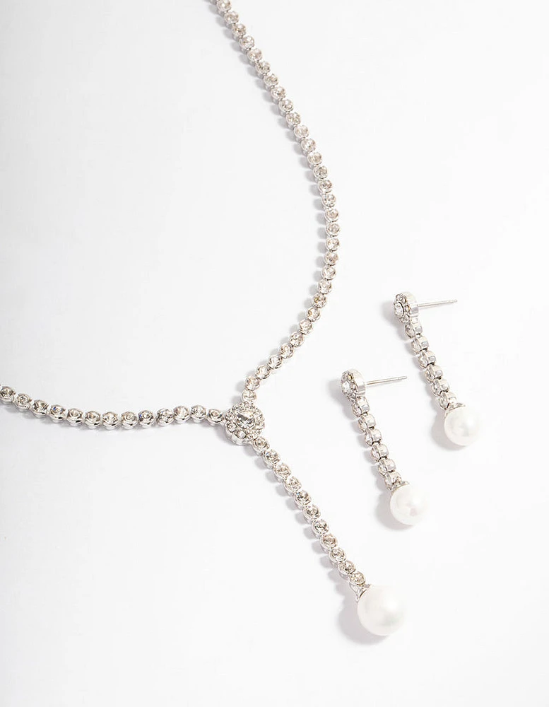 Rhodium Round Cup Chain Pearl Earring & Necklace Jewellery Set