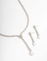 Rhodium Round Cup Chain Pearl Earring & Necklace Jewellery Set