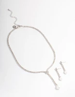 Rhodium Round Cup Chain Pearl Earring & Necklace Jewellery Set