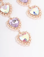 Rose Gold Four Diamante Heart Drop Earrings