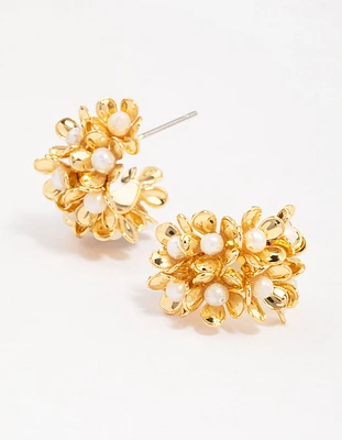 Gold Plated Freshwater Pearl Flower Hoop Earrings