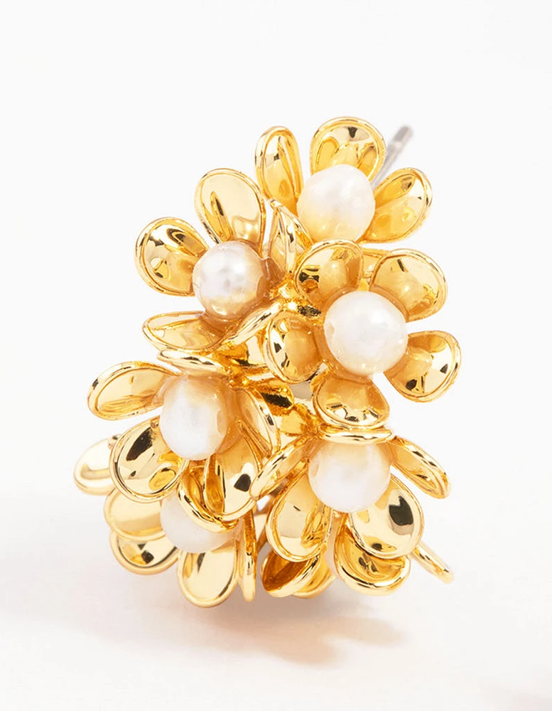 Gold Plated Freshwater Pearl Flower Hoop Earrings