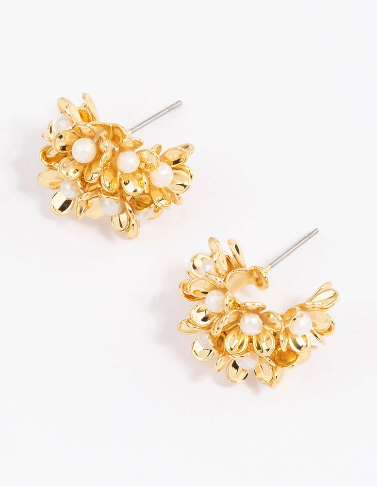 Gold Plated Freshwater Pearl Flower Hoop Earrings