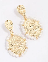 Gold Plated Molten Disc Freshwater Pearl Drop Earrings