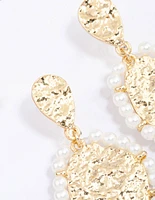 Gold Plated Molten Disc Freshwater Pearl Drop Earrings