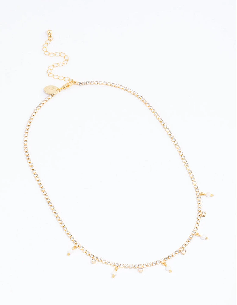 Gold Plated Cupchain Cubic Zirconia & Freshwater Pearl Drop Necklace