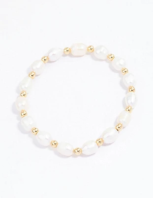 Gold Plated Beaded & Freshwater Pearl Stretch Bracelet