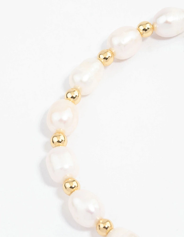 Gold Plated Beaded & Freshwater Pearl Stretch Bracelet