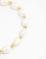Gold Plated Beaded & Freshwater Pearl Stretch Bracelet