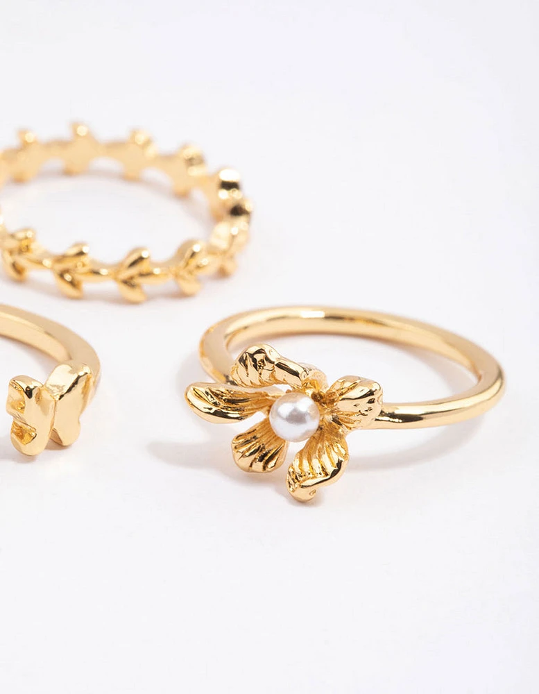 Gold Plated Butterfly & Flower Ring Pack