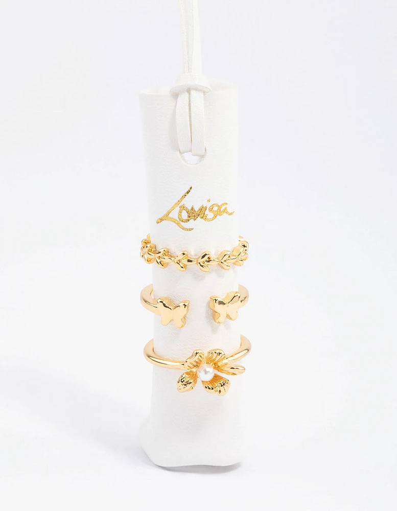 Gold Plated Butterfly & Flower Ring Pack