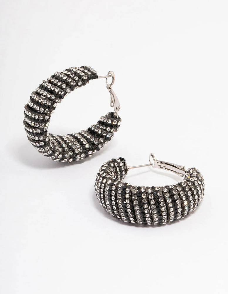 Silver Statement Two-Toned Black Diamante Hoop Earrings