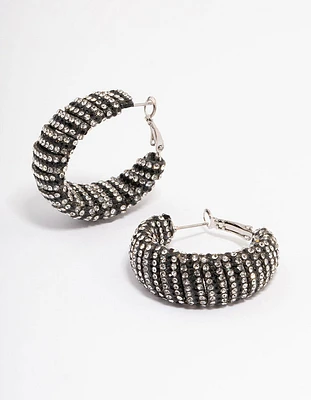 Rhodium Statement Two-Toned Black Diamante Hoop Earrings