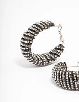 Silver Statement Two-Toned Black Diamante Hoop Earrings