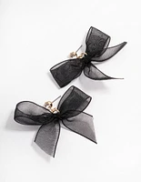 Gold & Black Fabric Diamante Bow Drop Earrings