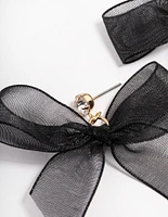 Gold & Black Fabric Diamante Bow Drop Earrings