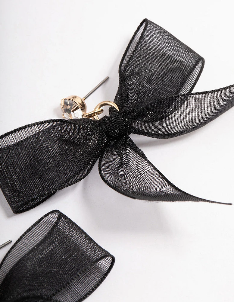 Gold & Black Fabric Diamante Bow Drop Earrings