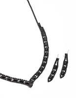 Black Rectangle Graduated Pendant Earring & Necklace Jewellery Set