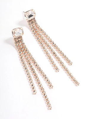 Rose Gold Stone Cup Chain Triple Row Drop Earrings