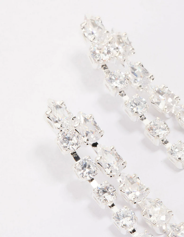 Silver Cubic Zirconia Double Row Square & Round Drop Earrings