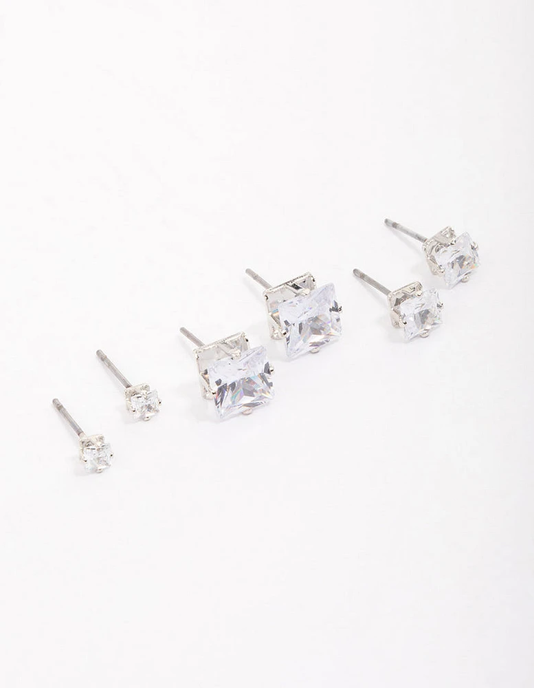 Rhodium Cubic Zirconia Square Graduated Earrings Pack