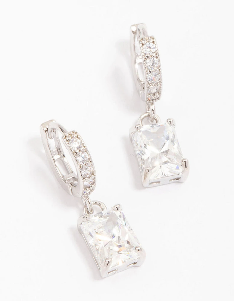 Rhodium Cubic Zirconia Rectangle Mini Huggie Earrings