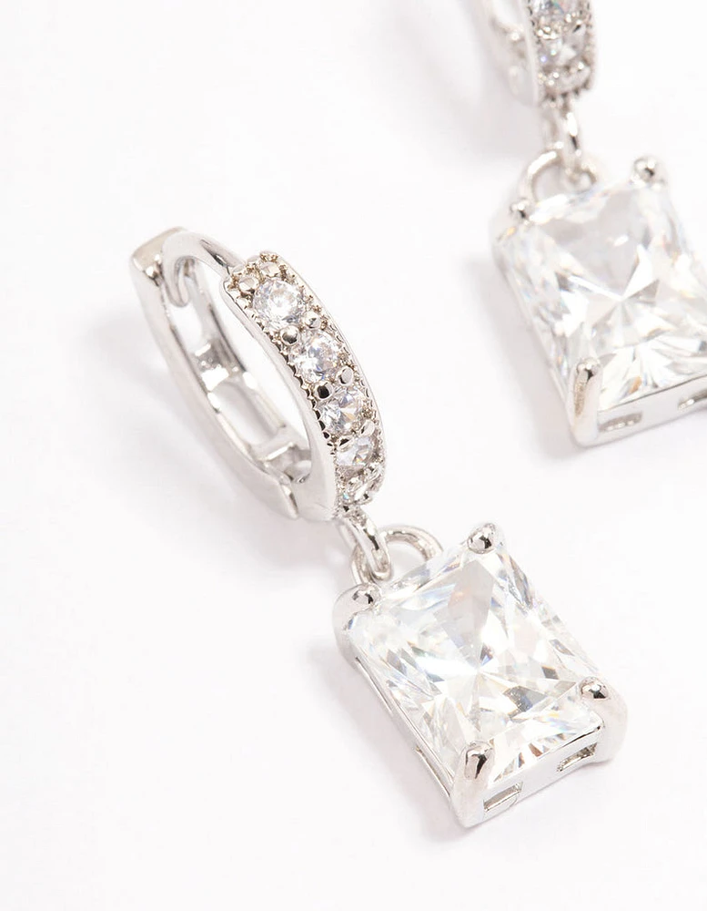 Rhodium Cubic Zirconia Rectangle Mini Huggie Earrings