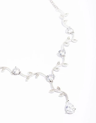 Silver Cubic Zirconia Floral Teardrop Y-Shape Necklace