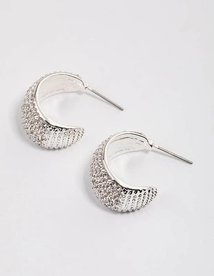 Silver Plated Pave Diamante Chunky Hoop Earrings