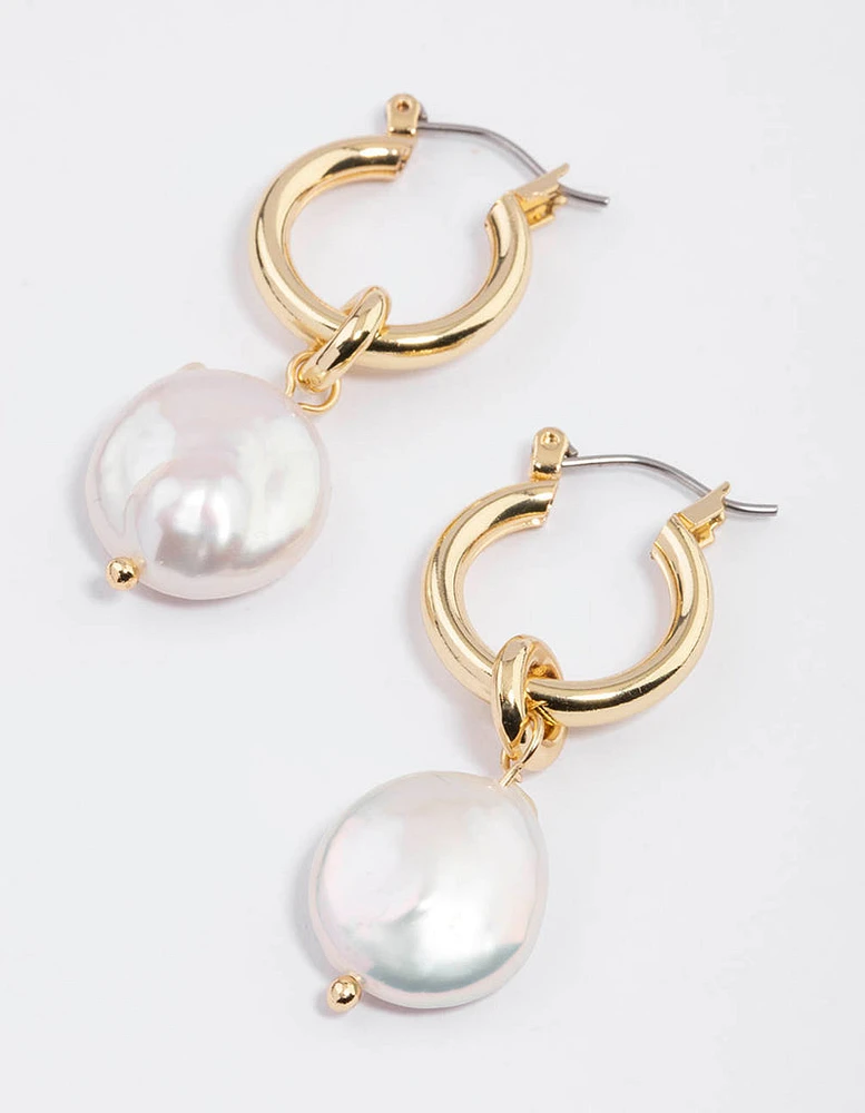 Gold Plated Classic Freshwater Pearl Disc Hoop Earrings