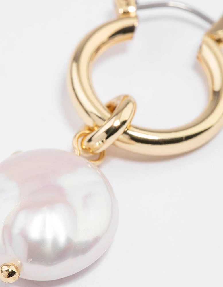 Gold Plated Classic Freshwater Pearl Disc Hoop Earrings