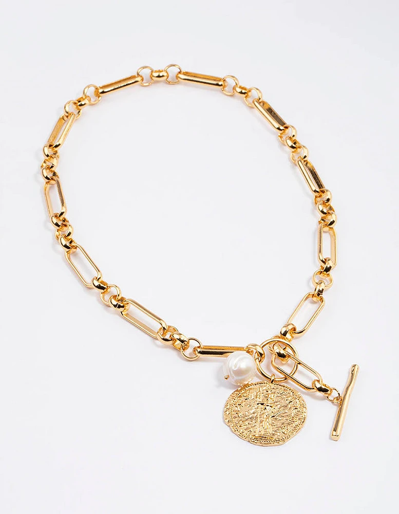 Gold Plated Mixed Link Pearl & Disc Necklace