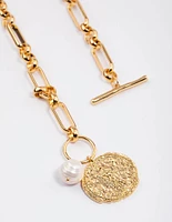 Gold Plated Mixed Link Pearl & Disc Necklace