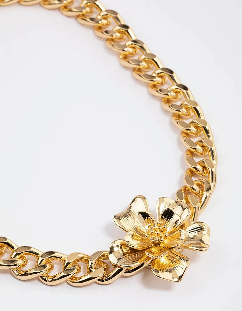 Gold Plated Chunky Curb Flower Necklace