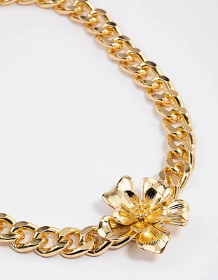 Gold Plated Chunky Curb Flower Necklace