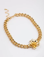 Gold Plated Chunky Curb Flower Necklace