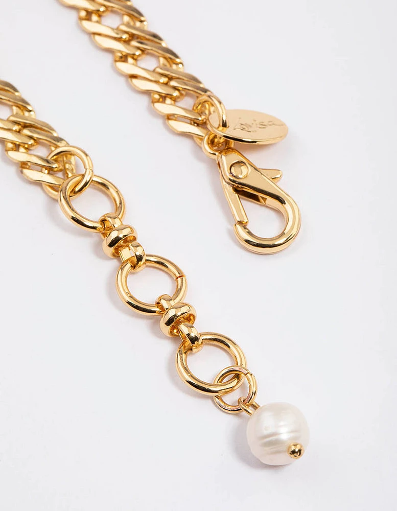 Gold Plated Classic Flat Chain Freshwater Pearl Bracelet