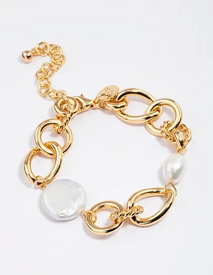 Gold Plated Large Open Chain Freshwater Pearl Bracelet