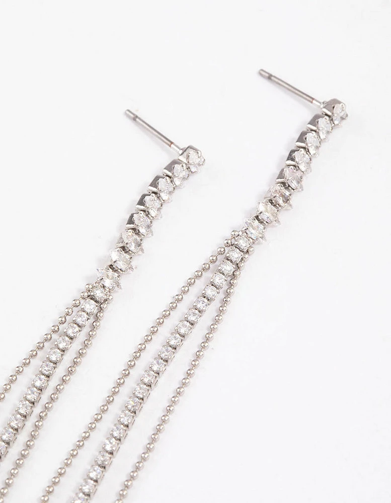 Rhodium Cubic Zirconia Skinny Stranded Drop Earrings