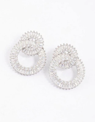 Silver Cubic Zirconia Double Circle Diamante Drop Earrings