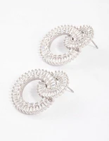 Rhodium Cubic Zirconia Double Circle Diamante Drop Earrings