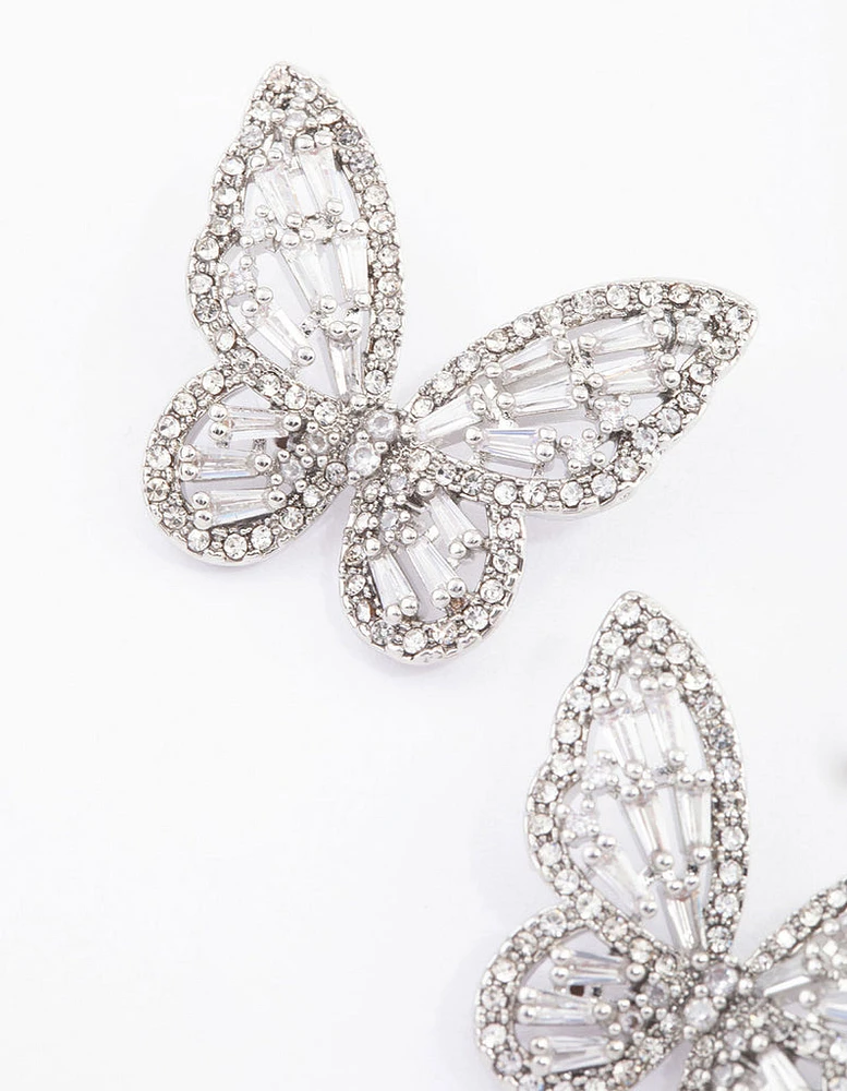 Rhodium Flutter Butterfly Cubic Zirconia Stud Earrings