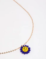 Gold Facet Beaded Smiley Face Pendant Necklace