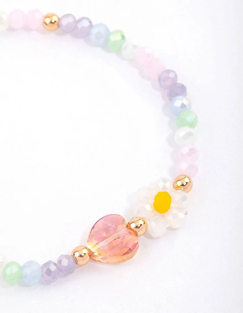 Beaded Facet Heart & Daisy Flower Bracelet