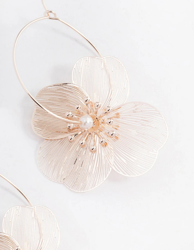 Rose Gold Metalic Flower Hoop Earrings