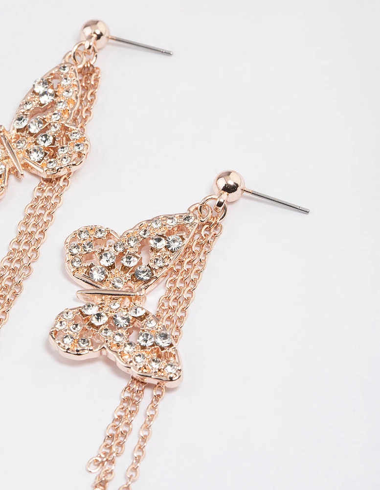 Rose Gold Butterfly Tassel Drop Earrings