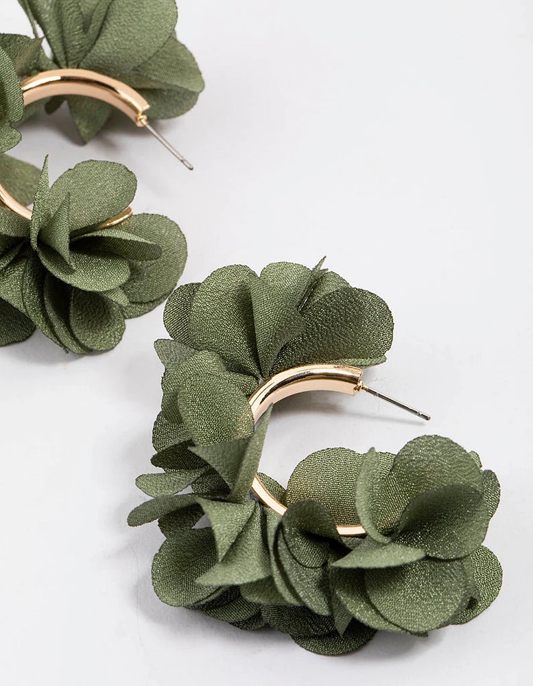 Gold Fabric Flower Petal Hoop Earrings