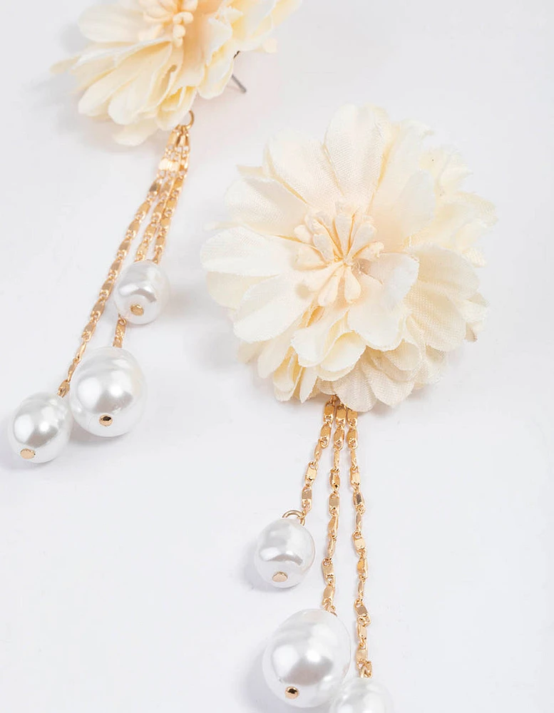 Gold Fabric Flower Pearly Drop Earrings