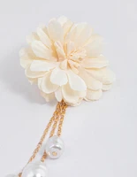 Gold Fabric Flower Pearly Drop Earrings