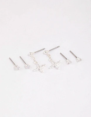 Silver Plated Brass  Cubic Zirconia Drop Flower Earring 6-Pack